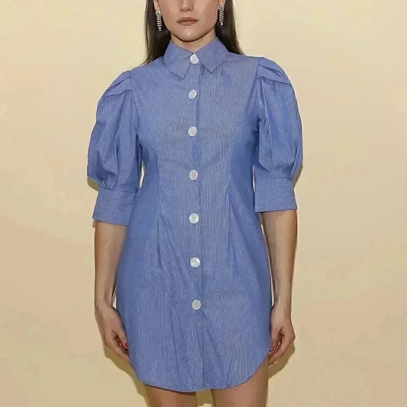 Preppy Shirt Dress Size Small Collared Button Down Puff Sleeve Summer Work Dress - Picture 2 of 4